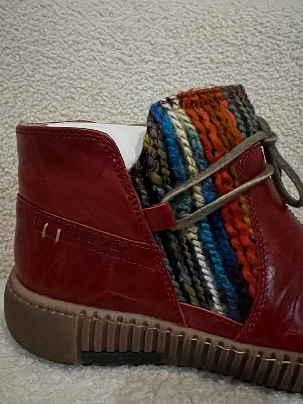 Josef Seibel Red Leather Ankle Boot with Multicolor Knit Insert